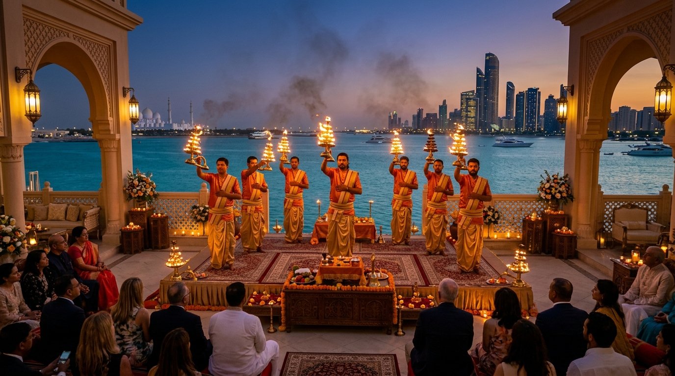 Varanasi Ganga Aarti in Abu Dhabi UAE - Authentic Vedic Ritual Ceremony on Luxury Open-Air Waterfront Terrace
