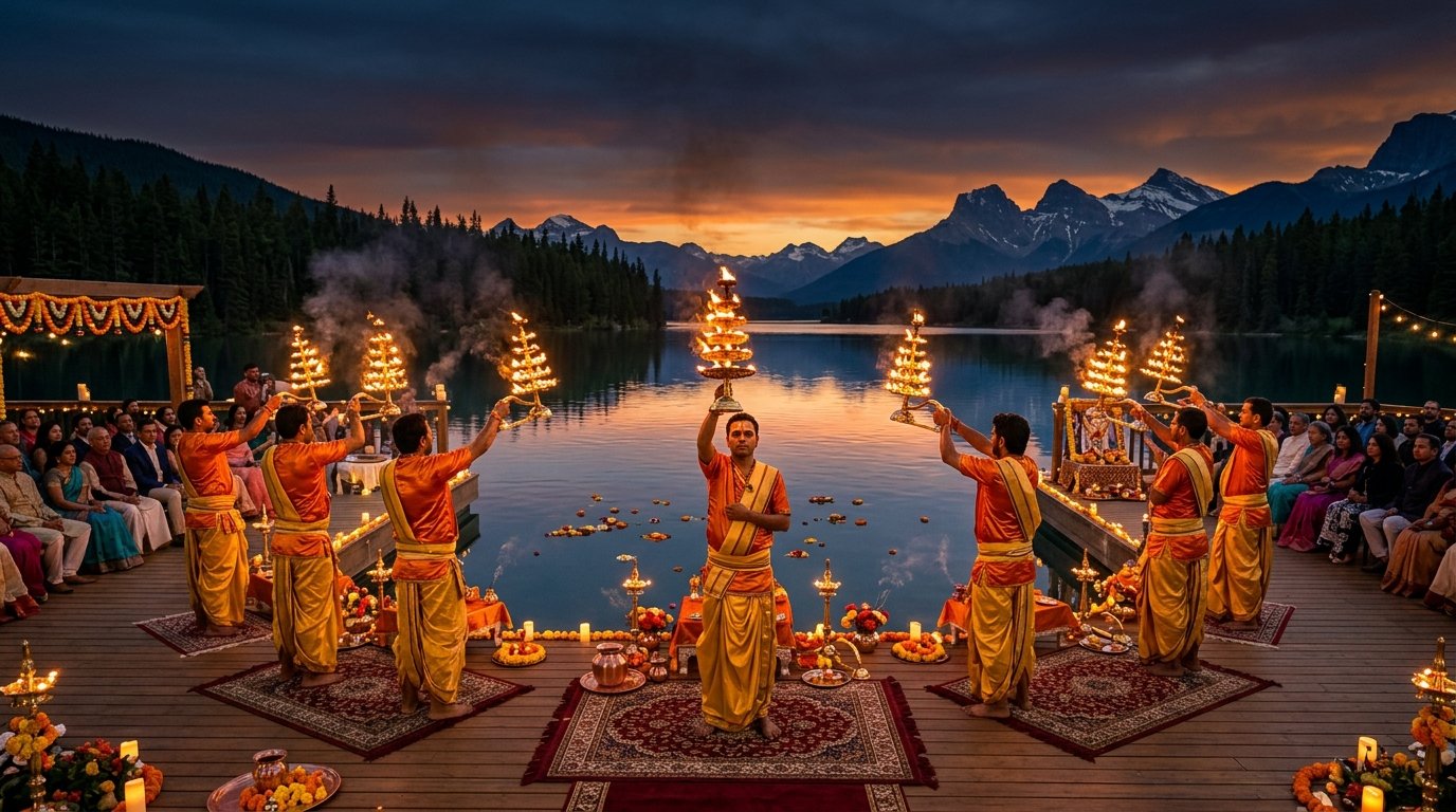 Varanasi Ganga Aarti in Canada - Authentic Vedic Ritual Ceremony on Luxury Open-Air Lakefront Deck