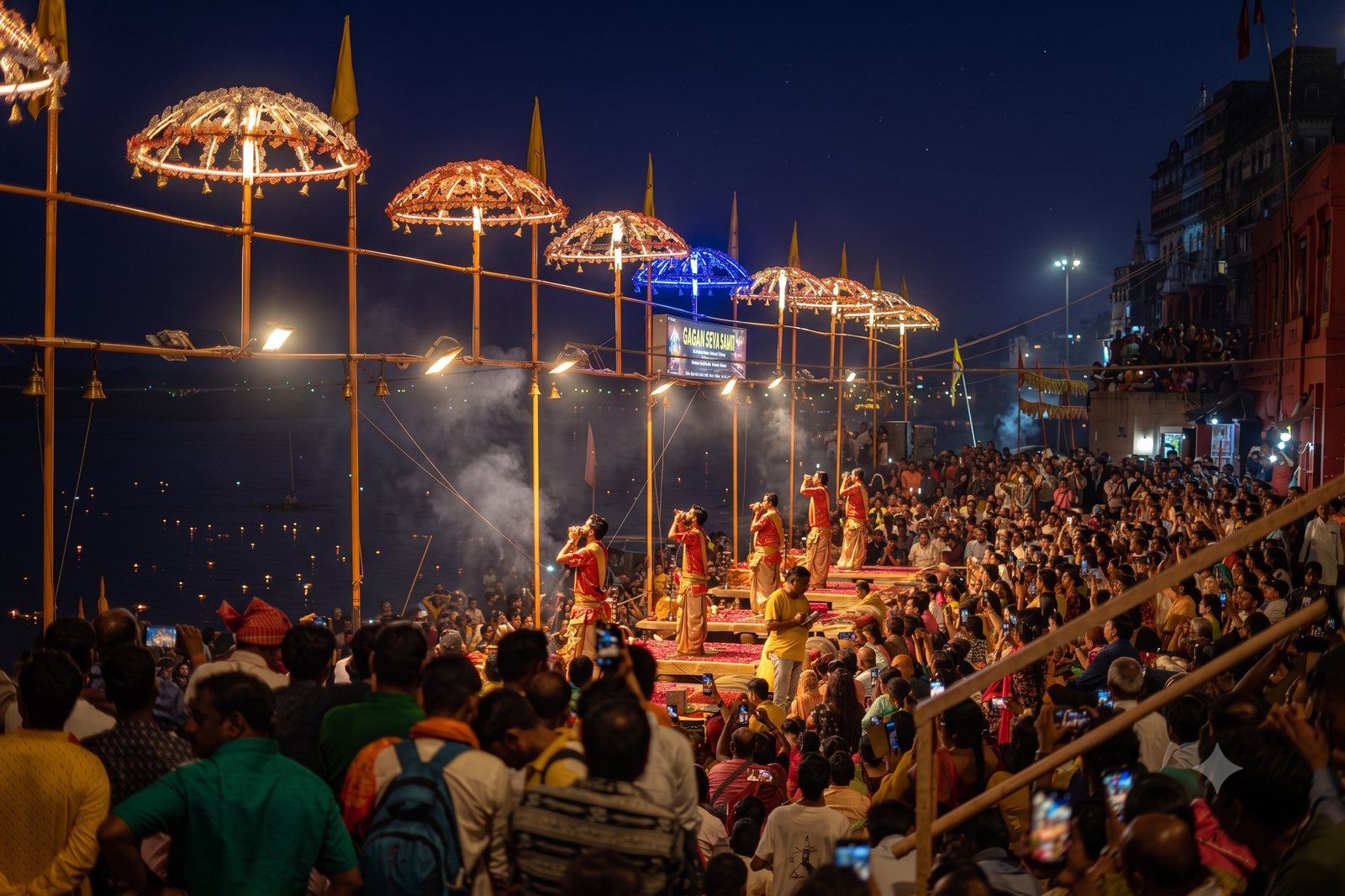 Varanasi Ganga Aarti with Multi-tiered Brass Lamps