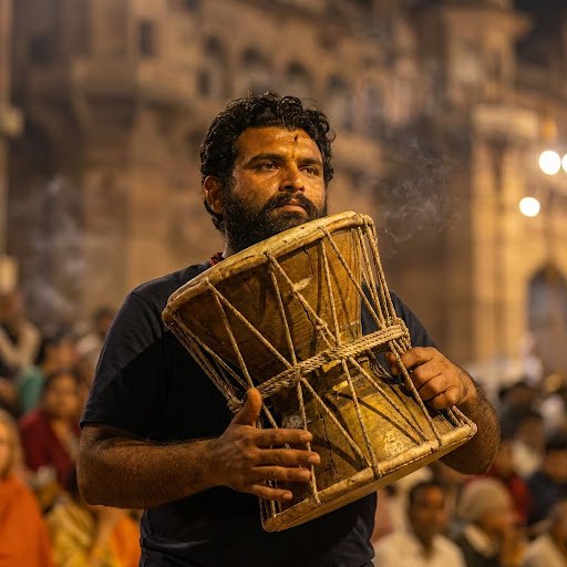 Close up of Damru instrument being played